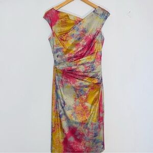 Teri Jon Shoulder Cut Dress in Pink, Yellow, and Gray